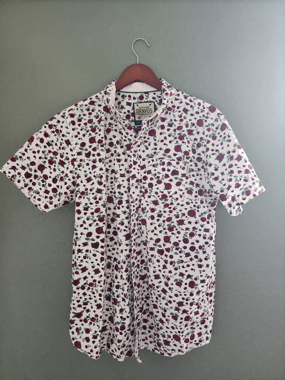 Men’s Short Sleeve Rose Button-Up Shirt in White and Red
